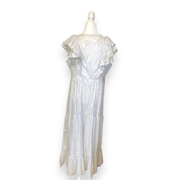 Roller Rabbit White Ondine Lurex V-Neck Cap Ruffle Sleeve A-Line Midi Dress - Picture 6 of 11